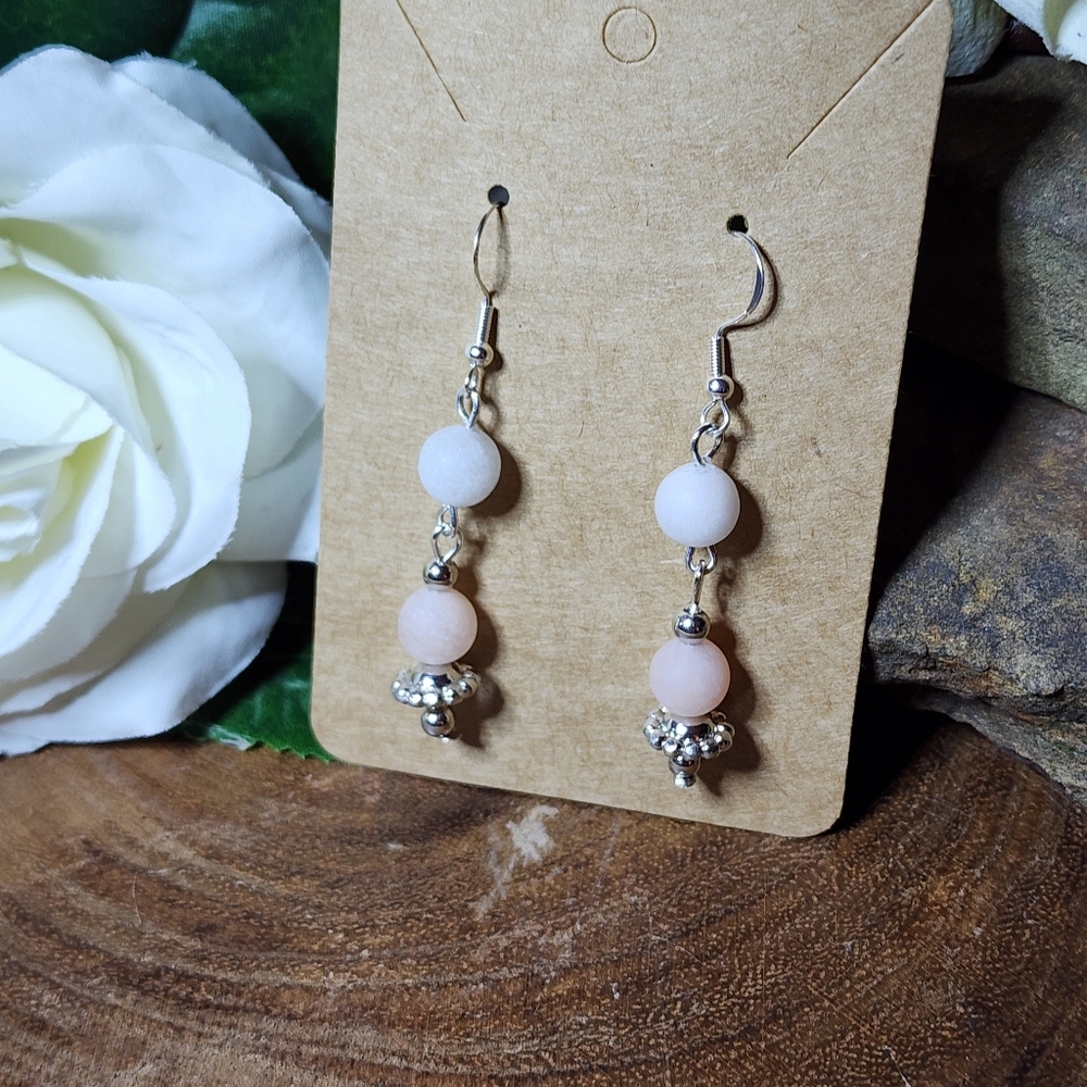 14. Dangle Earrings With Peach Colored Stone Beads And Silver Accents - Picture 3 of 7